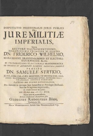 Disputatio Inauguralis Iuris Publici De Iure Militiae Imperialis