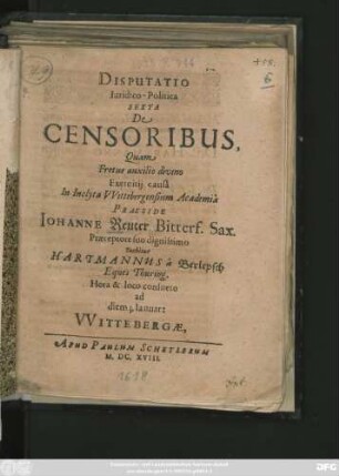 Disputatio Iuridico-Politica Sexta De Censoribus