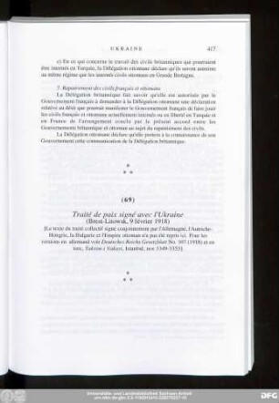 (69) Traité de paix signé avec l'Ukraine (Brest-Litowsk, 9 février 1918)