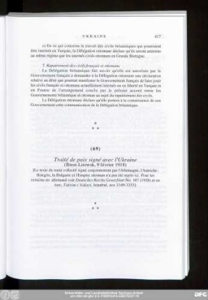(69) Traité de paix signé avec l'Ukraine (Brest-Litowsk, 9 février 1918)