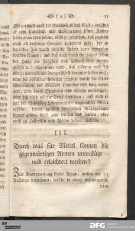 III. Durch was für Mittel können die gegenwärtigen Armen unterstützt und erleichtert werden?