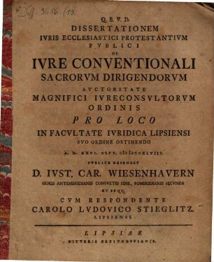 Dissertationem Ivris Ecclesiastici Protestantivm Pvblici, De Ivre Conventionali Sacrorvm Dirigendorvm ... A. D. XXVI. Sept. MDCCXLVIII.