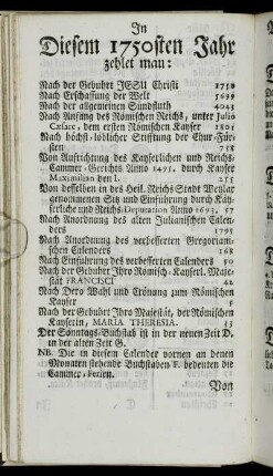 In Diesem 1750sten Jahr zehlet man:[...]