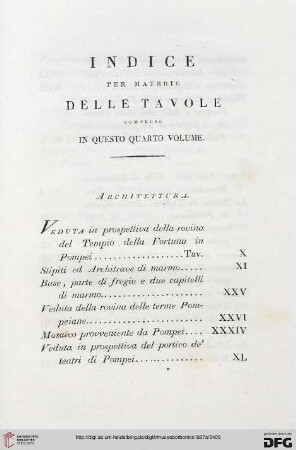 Indice per materie delle tavole coprese in questo quarto volume