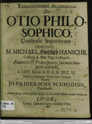 Exercitationem Adacemicam De Otio Philosophico Consensu Superiorum