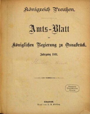 Amtsblatt für den Regierungsbezirk Osnabrück. 1891