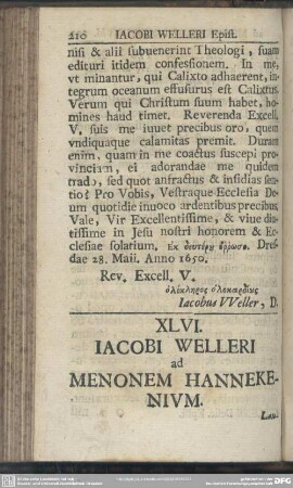 XLVI. Iacobi Welleri ad Menonem Hannekenium
