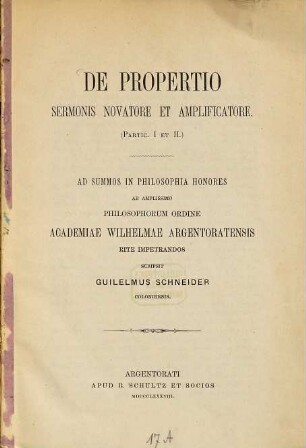 De Propertio sermonis novatore et amplificatore : (partic. I et II)