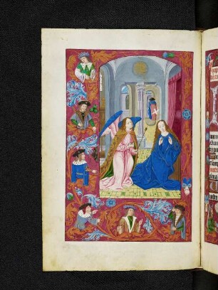 Vollbordürenseite mit Streumusterbordüre und Miniatur: Verkündigung an Maria (Matutin)
