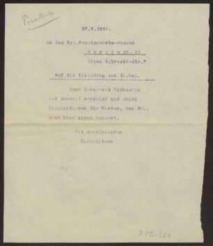 Schreiben an das Kgl. Kunstgewerbe-Museum Berlin (Brief)