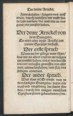 Der dritte Artickel von dem Evangelio. Es wird aber dieser Artikel inn zween Sprüche verfasst.