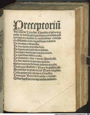 Preceptoriu Nycolai de Lyra: siue Expositio tripharia p[ro] utilis in decalogũ legis diuine