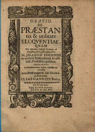 Oratio De Praestantia & utilitate Eloqventiae