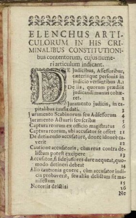 Elenchus Articulorum in his Criminalibus Constitutionibus contentorum, cujus numeri articulum indicant.