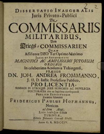 Dissertatio Inauguralis Juris Privato-Publici De Commissariis Militaribus
