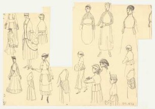 Studien zu Kleidermodellen : Servierkleidung mit Schürze und Spitzenkappe, Straßenkleider mit Rock und Jacke mit Schoß, historisierende Kleide mit seitlicher Drapierung