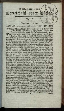 No. I. Januar 1784.
