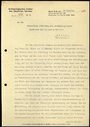 G. Rodenwaldt an DAI Athen