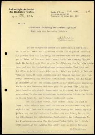 G. Rodenwaldt an DAI Athen