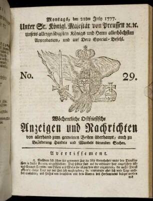 No. 29. Montags, den 21ten July 1777.
