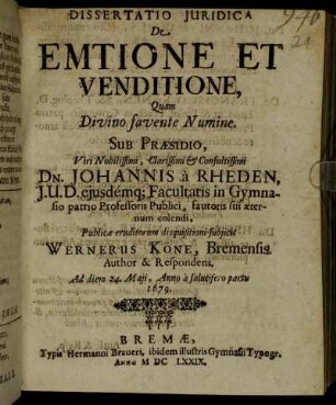 Dissertatio Iuridica De Emtione Et Venditione