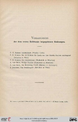 Verzeichnis der dem ersten Halbbande beigegebenen Radirungen