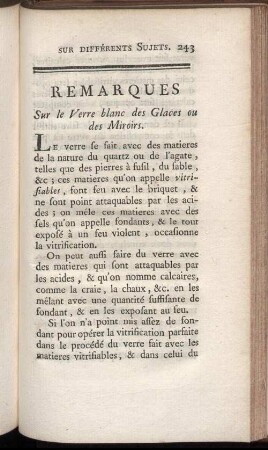 Remarques Sur le Verre blanc des Glaces ou des Miroirs.