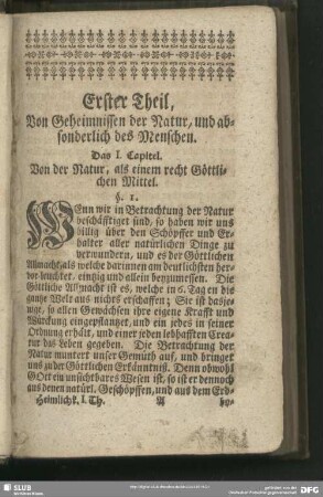 Erster Theil, Von Geheimnissen der Natur, und absonderlich des Menschen