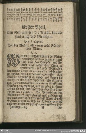 Erster Theil, Von Geheimnissen der Natur, und absonderlich des Menschen