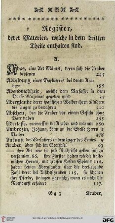 Register, derer Materien, welche in dem dritten Theile enthalten sind