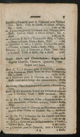 Orgel- Harf- und Claviersachen, Fugen und fugirte Choräle, Concerte, Quatuors, Frios, Duetts und Solos