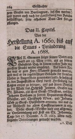Das II. Capitel. Von der Herstellung A. 1660 bis auf die Staats-Veränderung A. 1688.