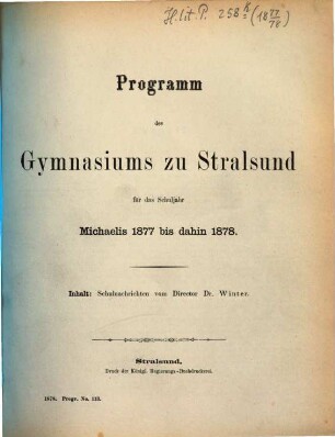 Programm des Gymnasiums zu Stralsund : Ostern .... 1877/78