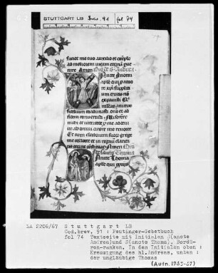 Gebetbuch des Konrad Peutinger — Textseite mit zwei Initialen, Folio 74recto