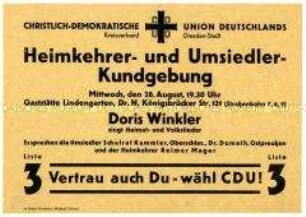 Aufruf des Kreisverbandes Dresden-Stadt der CDU Deutschlands zu einer Wahlkundgebung für Heimkehrer- und Umsiedler anlässlich der Gemeindewahlen 1946