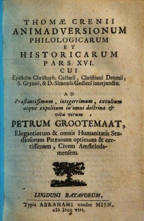 Thomae Crenii Animadversiones Philologicae Et Historicae, 16