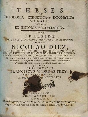 Theses ex theologia exegetica, dogmatica, morali nec non ex historia ecclesiastica