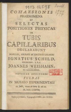 Cohaesionis Phaenomena Et Selectas Positiones Physicas De Tubis Capillaribus