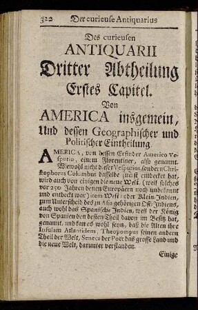 Erstes Capitel. Von America insgemein und dessen Geographischer und Politischer Eintheilung.