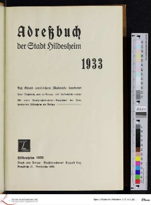 1933: [1933] Adreßbuch der Stadt Hildesheim : 1933