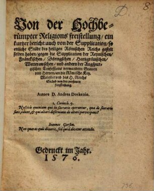 Von der Hochberümpter Religions freistellung, ein kurtzer bericht ...
