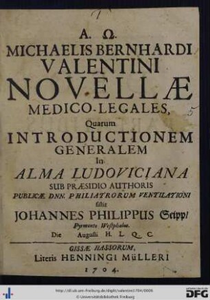 Michaelis Bernhardi Valentini Novellae Medico-Legales