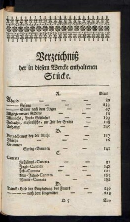 Verzeichniß der in diesem Wercke enthaltenen Stücke