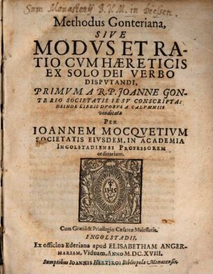 Methodus Gonteriana : sive modus et ratio cum haereticis disputandi vindicata