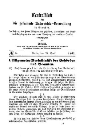 Bestimmung über die Bestreitung der Unterhaltungskosten der Dienstwohnungen : [I. Allgemeine Verhältnisse der Behörden und Beamten]