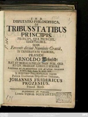 Disputatio Philosophica, De Tribus Statibus Principis, Principi, Qua Principi, Essentialibus