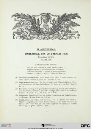 III. Auctionstag: Donnerstag, den 20. Februar 1908, Vormittag 10 Uhr (Nr. 271-506)