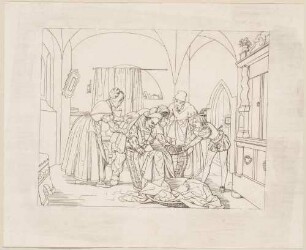 Zu Shakespeares "Die lustigen Weiber von Windsor", Blatt 6, 3. Akt, 3. Szene: Falstaff wird im Wäschekorb versteckt