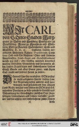 Wir Carl von Gottes Gnaden Marggrave zu Baden und Hachberg [...]