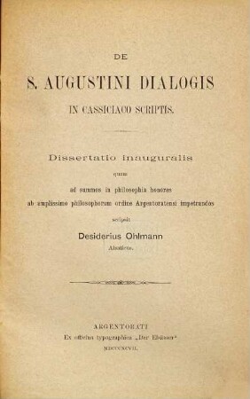 De S. Augustini dialogis in Cassiciaco scriptis
